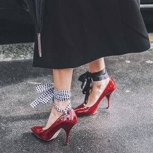 Miu Miu 75mm Lace-Up Red Patent Leather Pumps